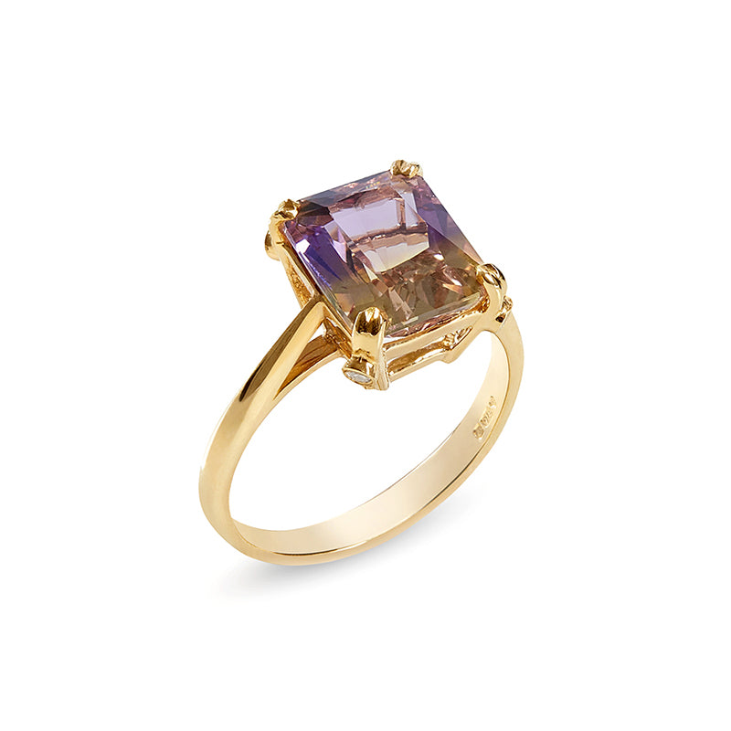 Gold ring with ametrine solitaire and 4 small diamonds