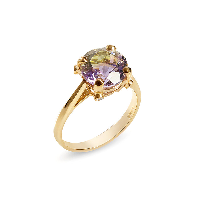 Gold Ametrine round solitaire ring with 4 small diamonds 