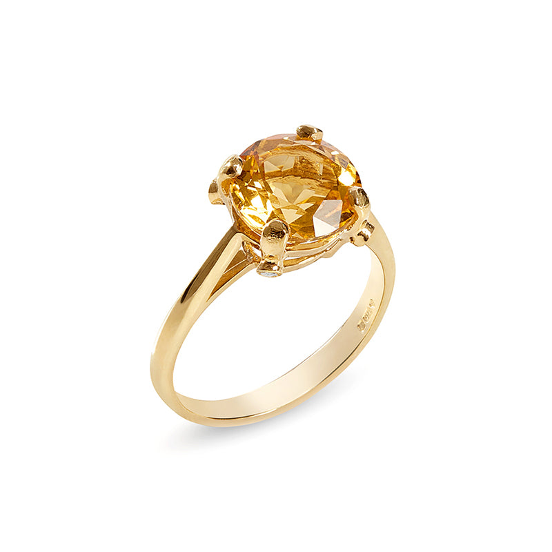 Gold Citrine round solitaire ring with 4 small diamonds 