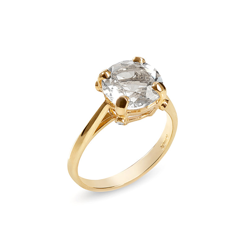 Gold Clear Quartz round solitaire ring with 4 small diamonds 