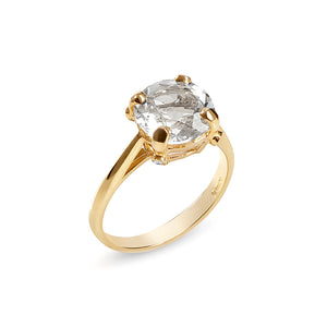 Gold Clear Quartz round solitaire ring with 4 small diamonds