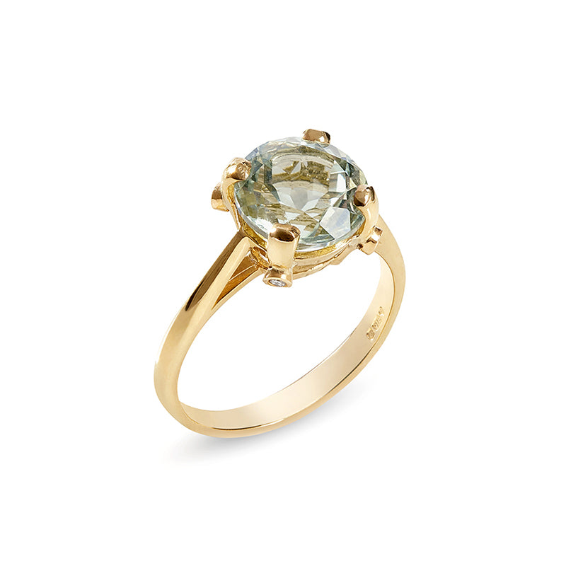 Gold Green Amethyst round solitaire ring with 4 small diamonds 
