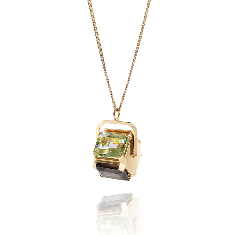 Spinning 4 sided quartz necklace with smokey quartz, green amethyst, citrine and ametrine on gold chain