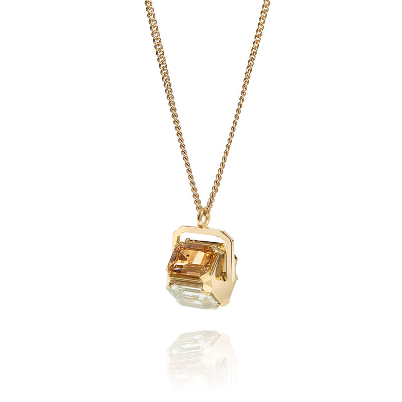 Spinning 4 sided quartz necklace with smokey quartz, clear quartz, citrine and ametrine on gold chain