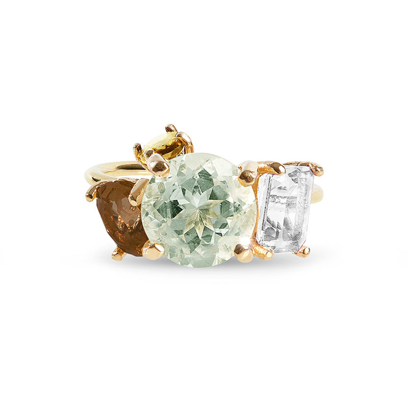 Gold ring with smokey quartz, green amethyst, clear quartz and citrine