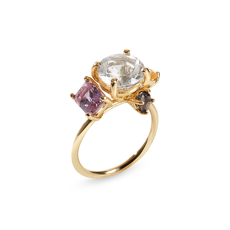 Gold ring with Citrine, Clear Quartz, Ametrine and Smokey Quartz