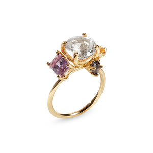 Gold ring with Citrine, Clear Quartz, Ametrine and Smokey Quartz