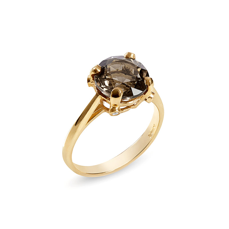Gold Smokey Quartz round solitaire ring with 4 small diamonds 