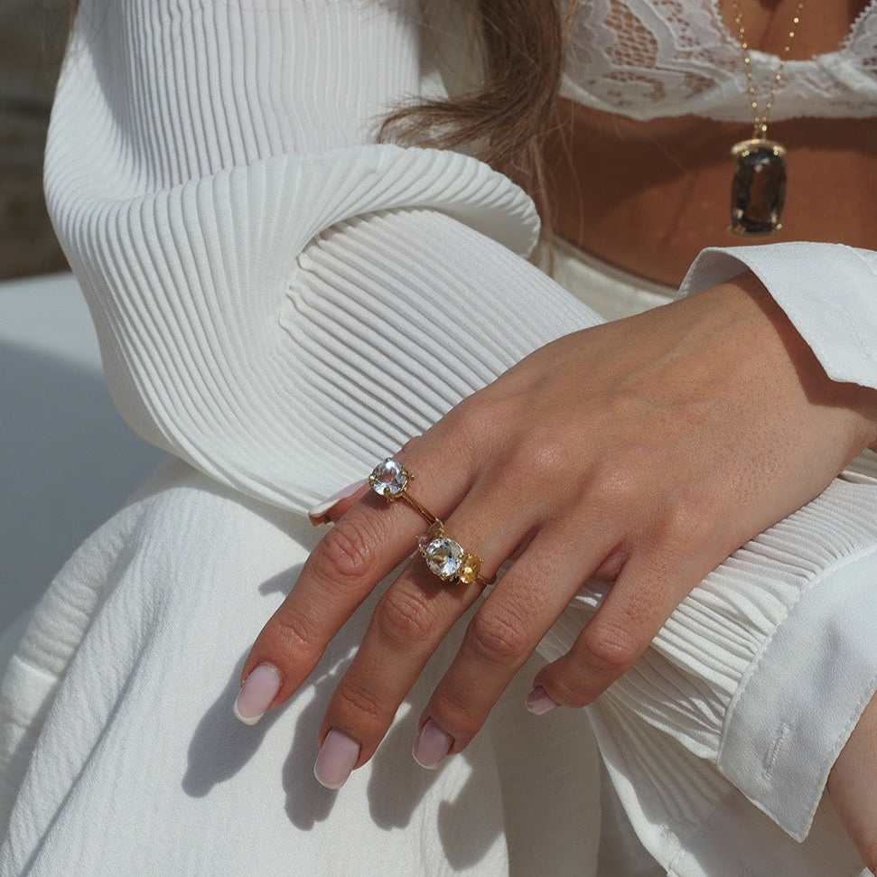 Gold Clear Quartz round solitaire ring with 4 small diamonds
