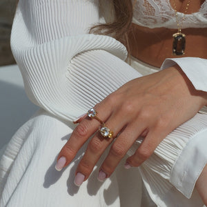 Gold Clear Quartz round solitaire ring with 4 small diamonds