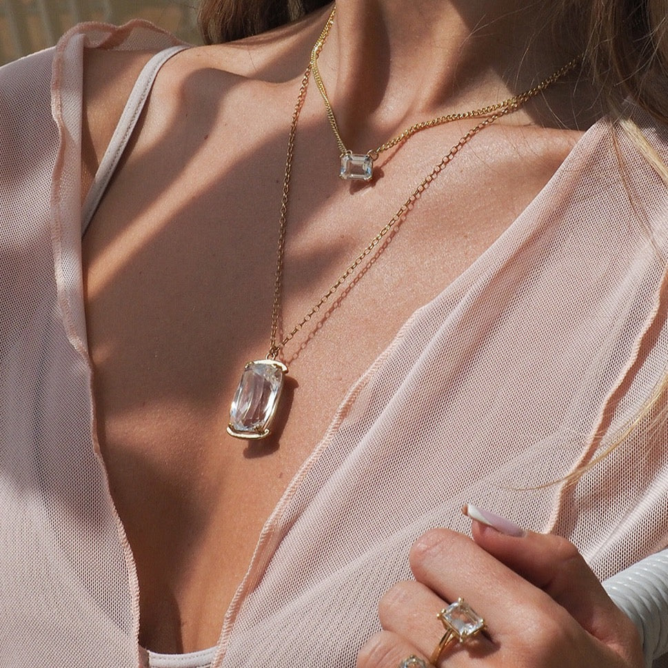 Clear Quartz Amulet Necklace with Gold Chain