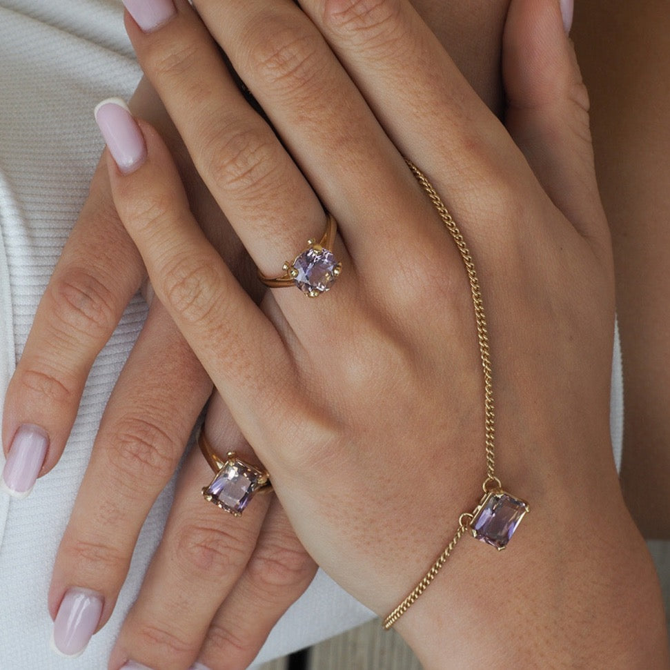 Gold Ametrine round solitaire ring with 4 small diamonds