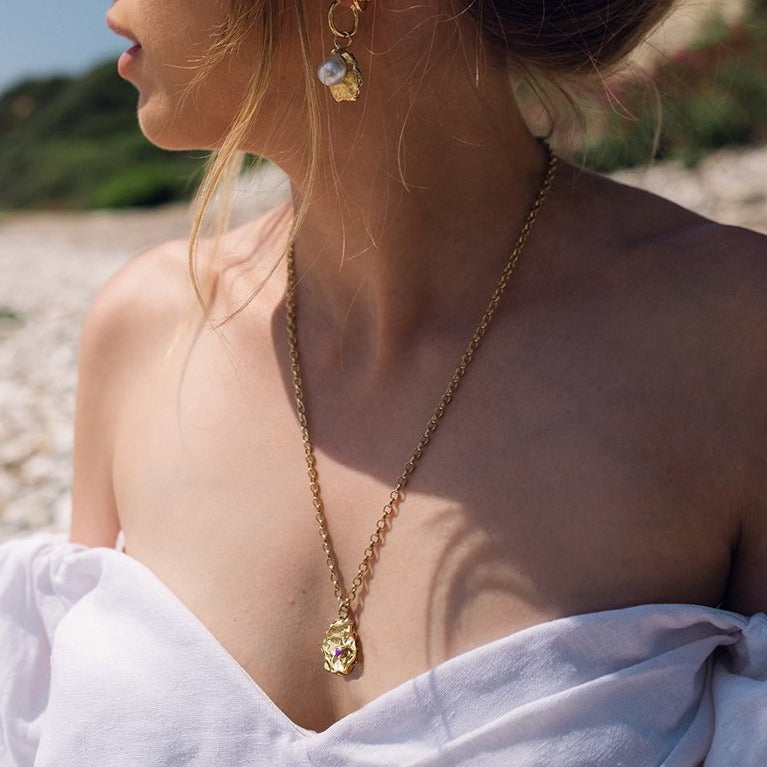 Medium Molten Coral Rock and Sapphire Necklace - Chunky Chain