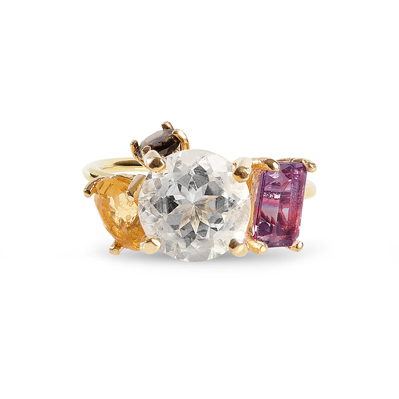 Gold ring with Citrine, Clear Quartz, Ametrine and Smokey Quartz